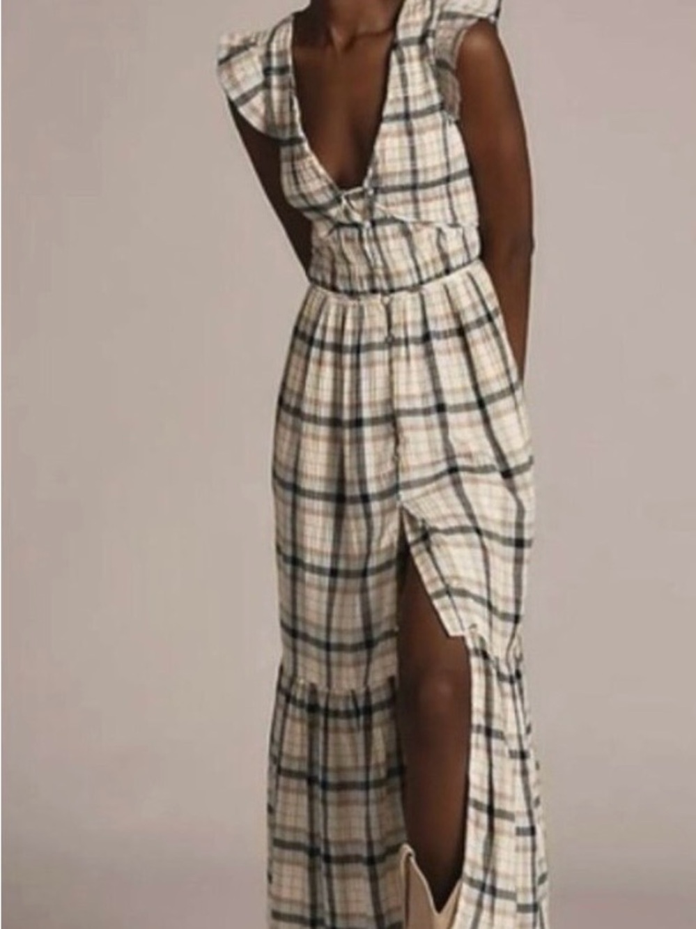 NWOT Anthropologie Cream Plaid Midi Dress with Deep V and Side Slit